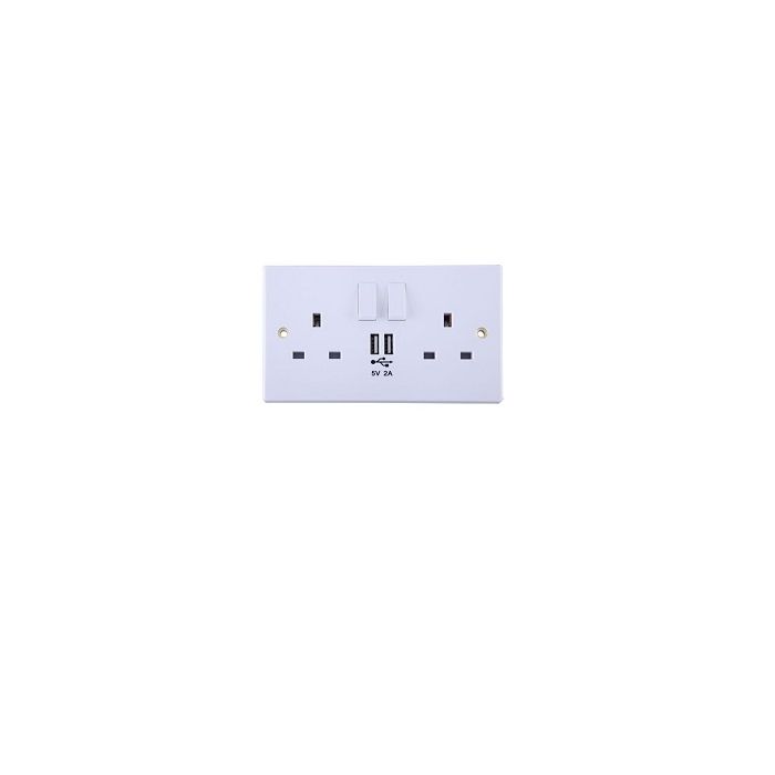 13A 2-Gang Switched Socket with Twin USB 5V/2A Charging Ports