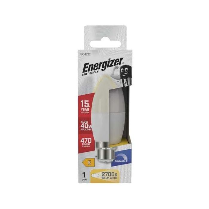 Energizer LED Candle, 4.2W~40W, B22, Frosted, 2700K, Dimmable, S29767