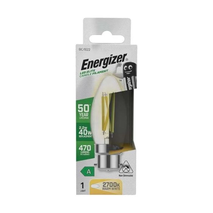 Energizer A-Rated LED Elite Candle, 2.2W=40W, 2700K, B22, No-Dim, S29638