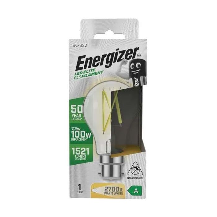 Energizer A-Rated LED Elite GLS, 7.2W=100W, 2700K, B22, No-Dim, S29634