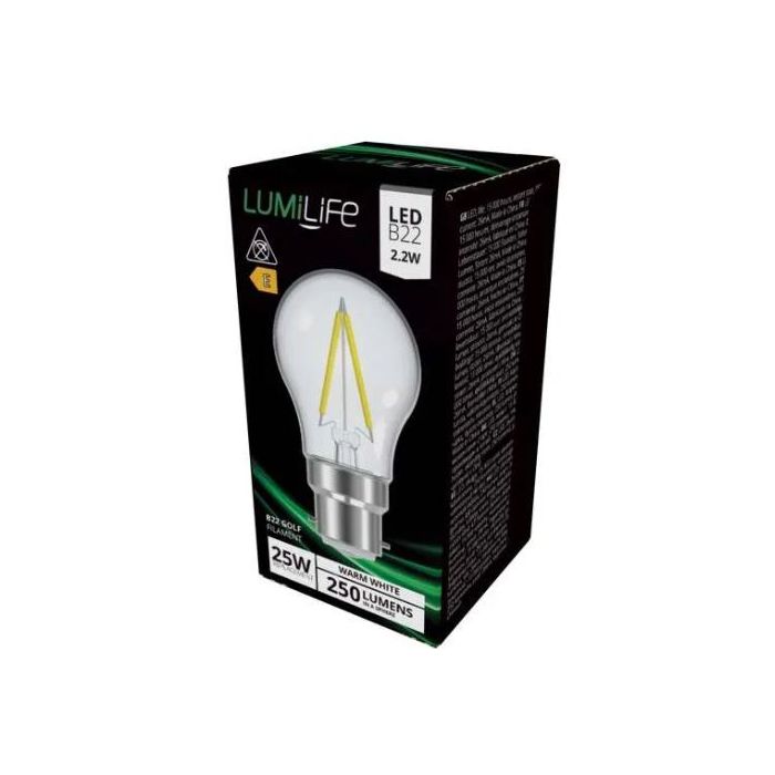 LumiLife LED Golf, 2.3W~25W, B22, Filament, 2700K, Not Dimmable